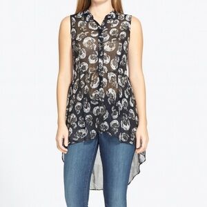 Royal Bones top blouse skull sheer black and white high low SZ SM Halloween goth